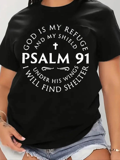 Women's "GOD IS MY REFUGE" Letter & Figure Print Round Neck Tee, Vintage Trendy Casual Short Sleeve T-shirt for Daily...