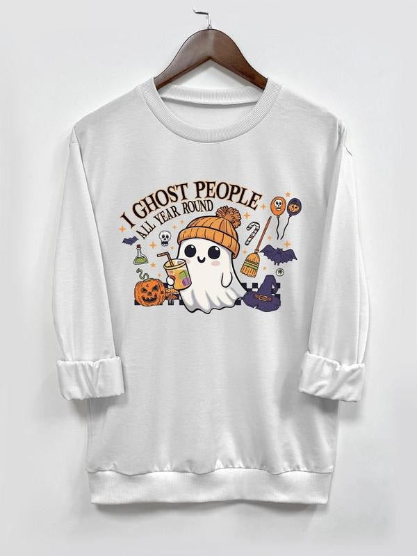 Women's  Ghost & Letter Print Round Neck Tee, Casual Long Sleeve Crew Neck T-shirt for Fall & Winter, Women's Top for...