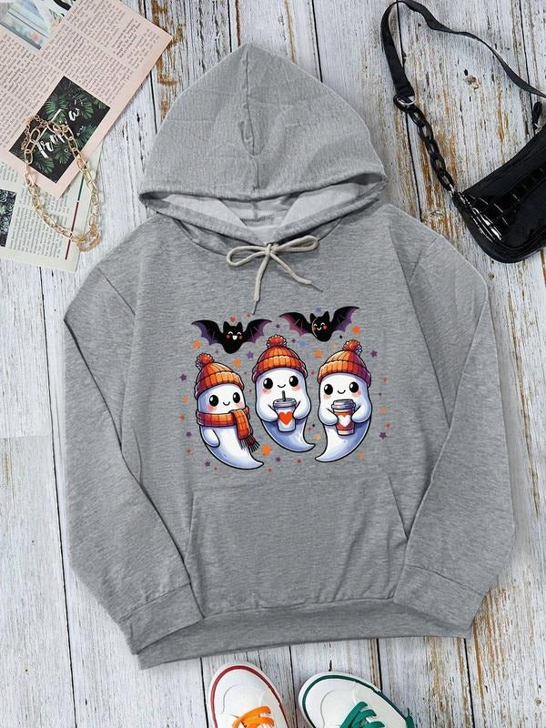Women's  Ghost Print Drop Shoulder Hoodie, Fashion Casual Drawstring Pocket Hooded Sweatshirt for Daily Holiday Outdoor...