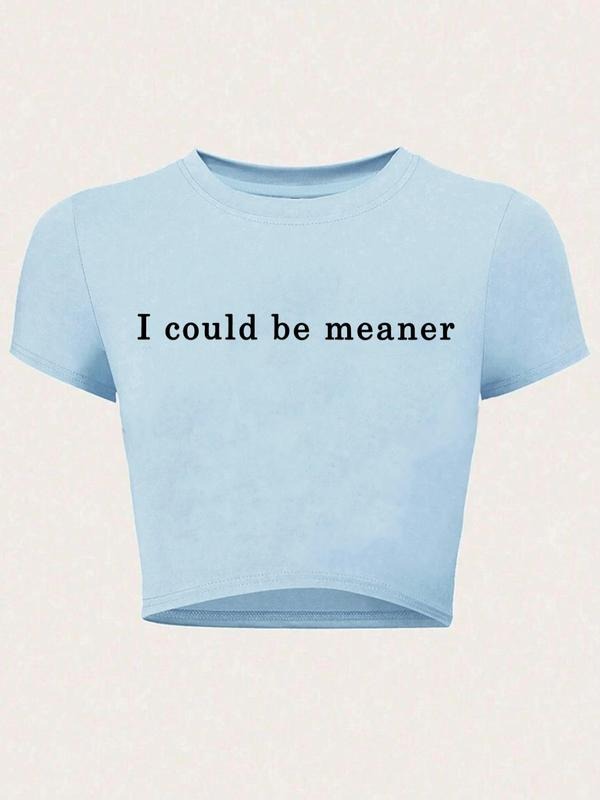Women's "I Could Be Meaner" Slogan Print Round Neck Crop Tee, Y2K Trendy Casual Short Sleeve Crew Neck T-shirt for Daily...