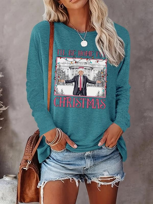 Women's "I'LL BE HOME FOR CHRISTMAS" Christmas Letter & Figure Print Round Neck Tee, Casual Long Sleeve Crew Neck T-Shirt...