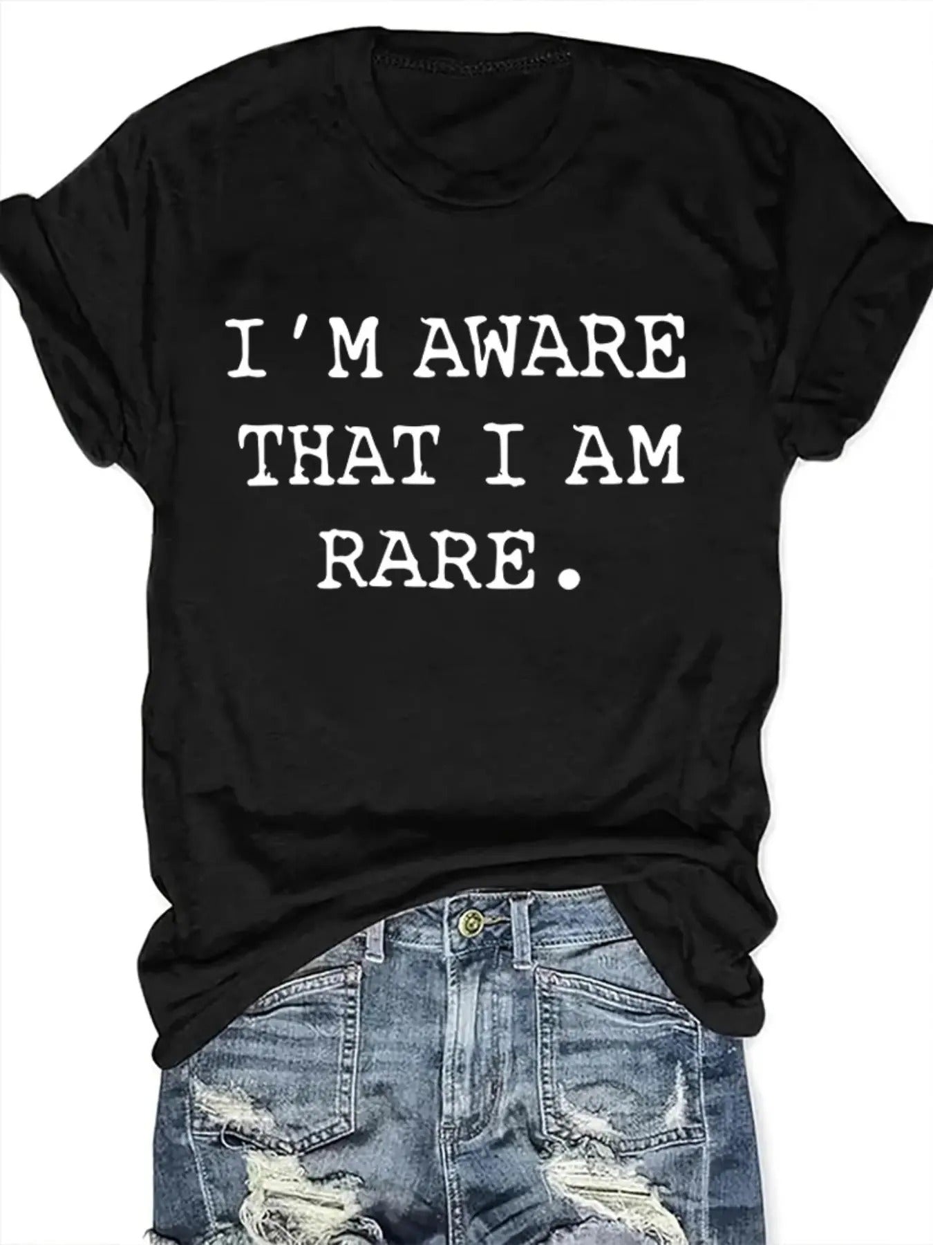 Women's "I'M AWARE THAT I AM RARE." Letter Print Round Neck Graphic Tee, Vintage Trendy Casual Short Sleeve T-shirt for...