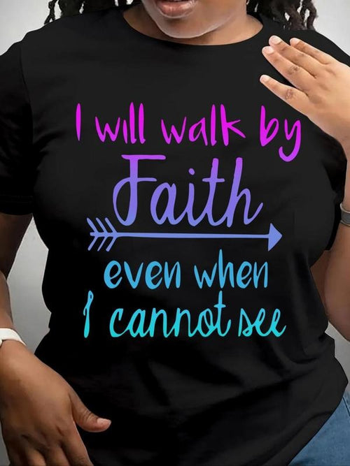 Women's "I WILL WALK BY MY FAITH" Letter Print Round Neck Tee, Vintage Trendy Casual Short Sleeve T-shirt for Daily Wear,...