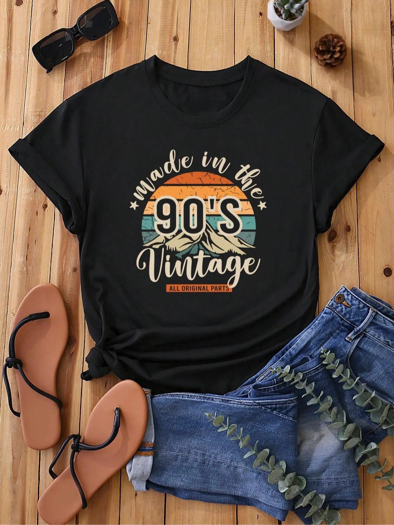 Women's "Made In The 90's Vintage" Slogan Print Round Neck Tee, Vintage Trendy Casual Short Sleeve T-shirt For Daily...