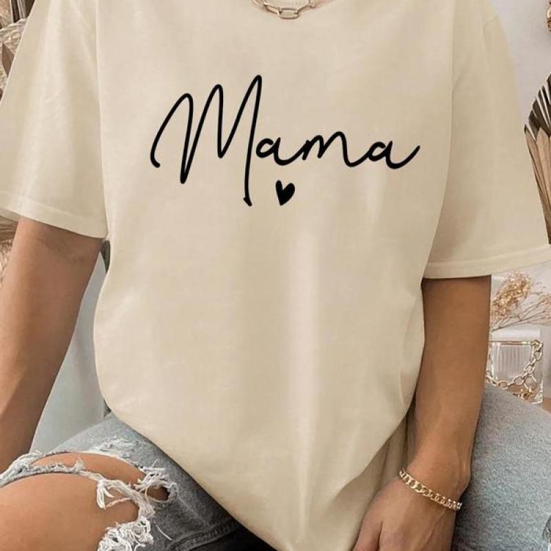 Women's "Mama" Letter Print Round Neck Tee, Casual Short Sleeve Crew Neck T-shirt for Daily Wear, Graphic Tees, Summer...