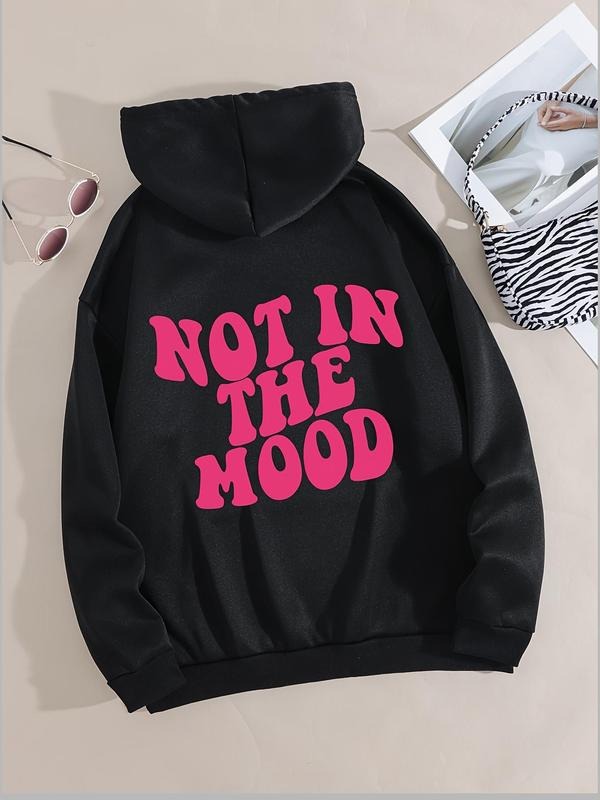 Women's "NOT IN THE MOOD" Letter Print Drop Shoulder Drawstring Hoodie, Fashion Casual Thermal Lined Kangaroo Pocket...