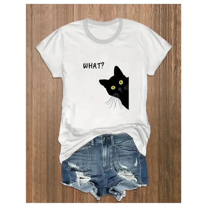Women's "What? Cat" Graphic T-Shirt | 100% | Casual Round Neck Short Sleeve Tee with Black Cat Design | All-Season...