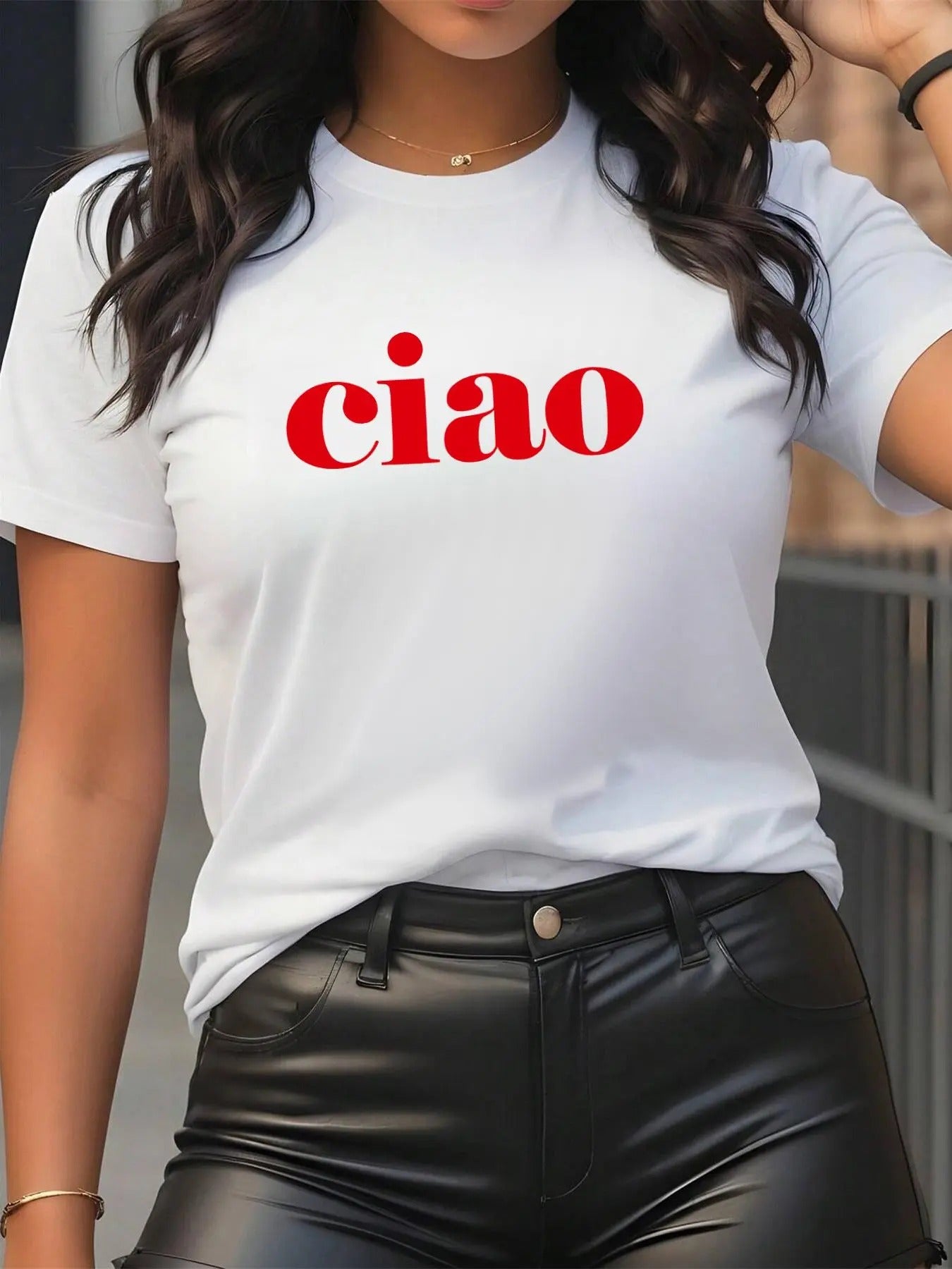 Women's "ciao" Letter Print Round Neck Tee, Casual Short Sleeve Crew Neck T-Shirt for Daily Wear, Ladies Clothes for All...