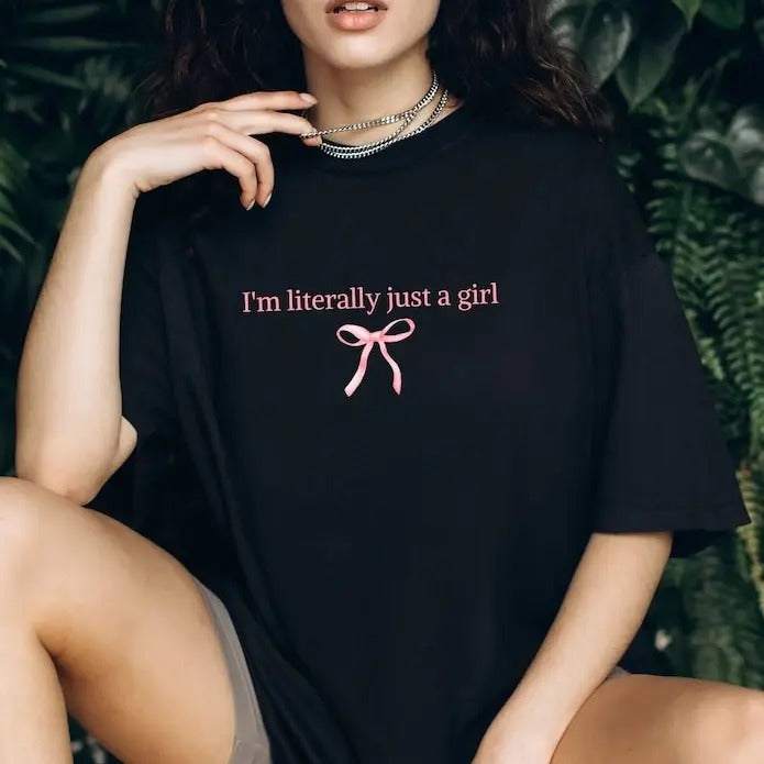 Women's "i'm A Literally Just A Girl" Slogan & Bow Print Round Neck Crop Tee, Fashion Casual Short Sleeve T-shirt for...