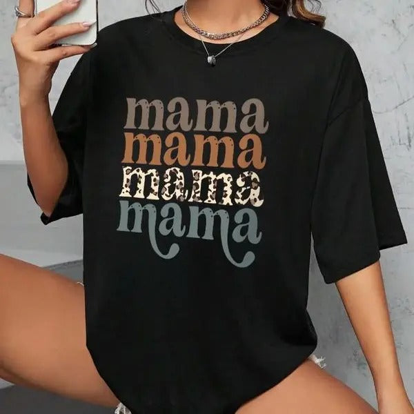 "Mama" Letter Print Round Neck Vintage Casual Drop Shoulder Half Sleeve Daily Back School Outfits Summer T-Shirts, Hoodie, Sweatshirt
