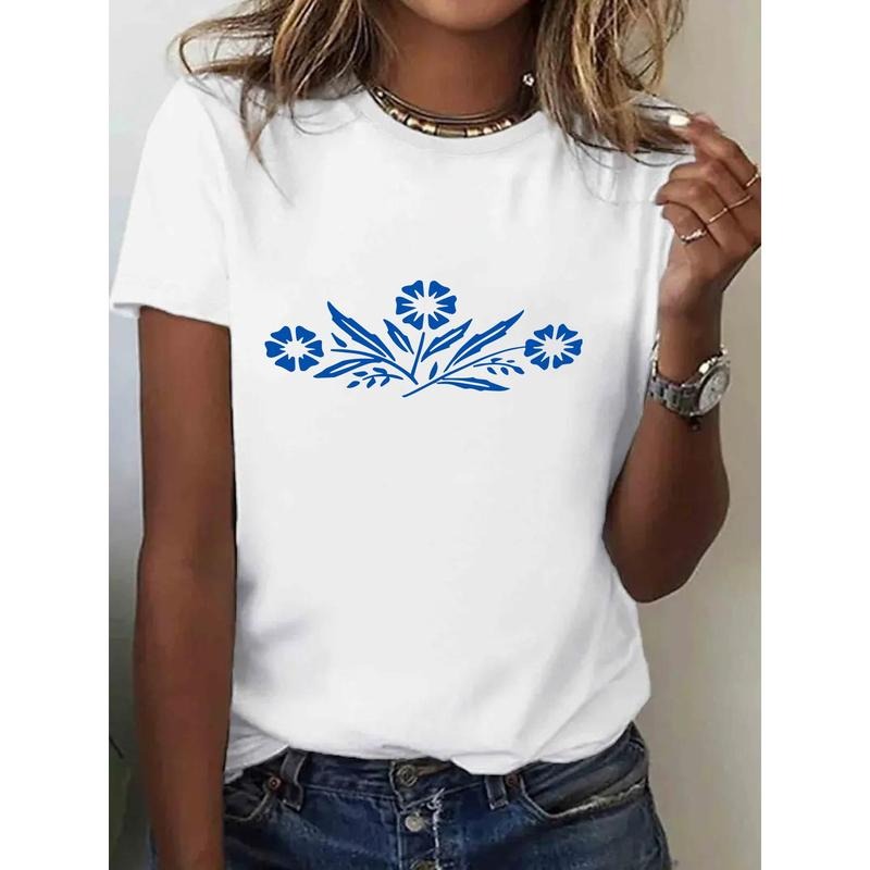 Women's 100% Cotton Floral Print T-Shirt - Breathable Round Neck Short Sleeve Casual Top, All-Season Comfort, Machine...