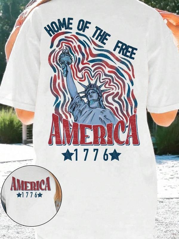 Women's 1776 Independence Day Graphic Print Round Neck Tee, Fashion Casual Short Sleeve T-shirt, Ladies Summer Clothes...
