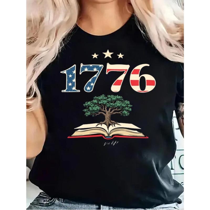Women's 1776 Tree of Liberty Patriotic T-Shirt - 100% Cotton American Flag Design Round Neck Casual Tee for Independence...
