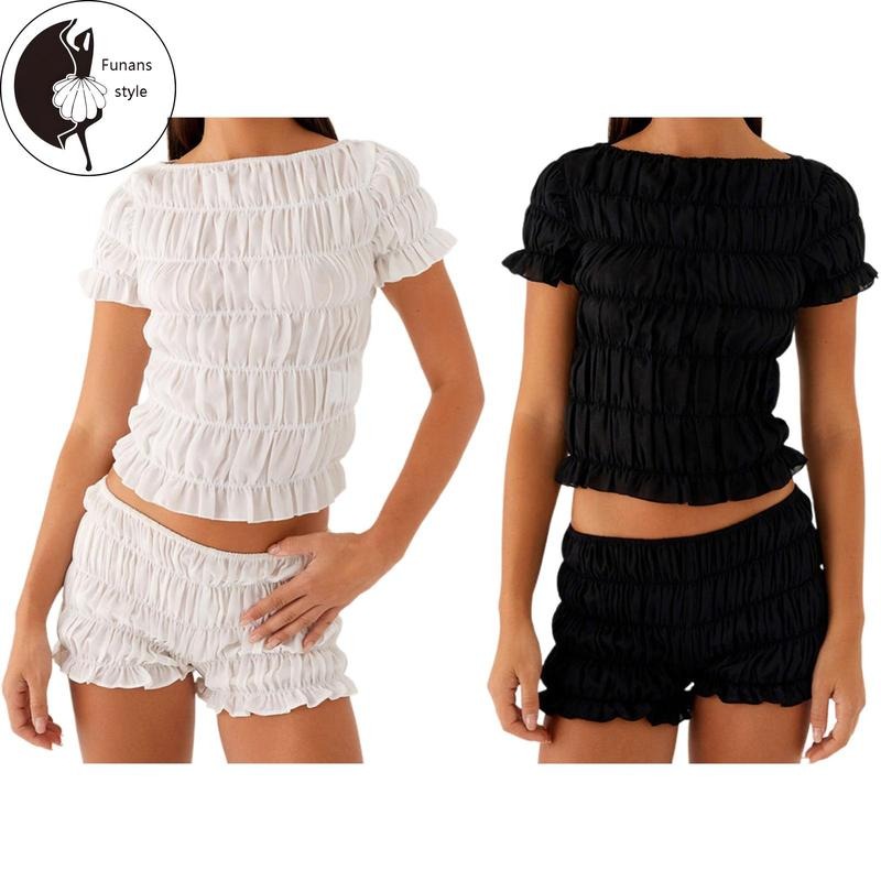 Women's 2 Piece Lounge Outfits Short Sleeve Boat Neck Ruched T-shirt Shorts Sets Hoodie, Sweatshirt | HypeDripTees.com
