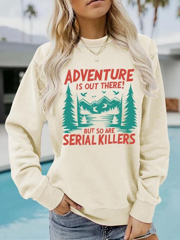 Women's Adventure Is Out There Print Crew Neck Sweatshirt, Casual Long Sleeve Pullover for Daily Wear, Ladies Clothes for...