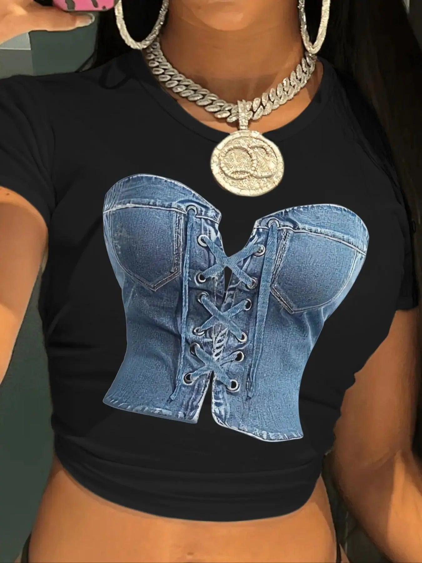 Women's All Over Print Round Neck Crop Tee, Fashion Casual Crew Neck Short Sleeve T-Shirt for Daily Holiday Vacation...