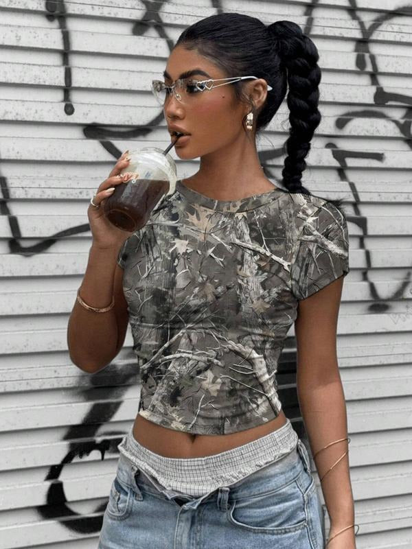 Women's All Over Print Round Neck Crop Tee, Y2K Casual Short Sleeve Crew Neck T-shirt for Summer, Fashion Women's Top for...