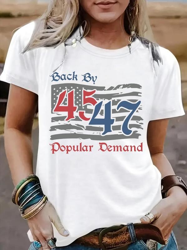 Women's American Flag & Number Print Round Neck Tee, Trendy Casual Short Sleeve T-Shirt for Daily Wear, Ladies Summer,...
