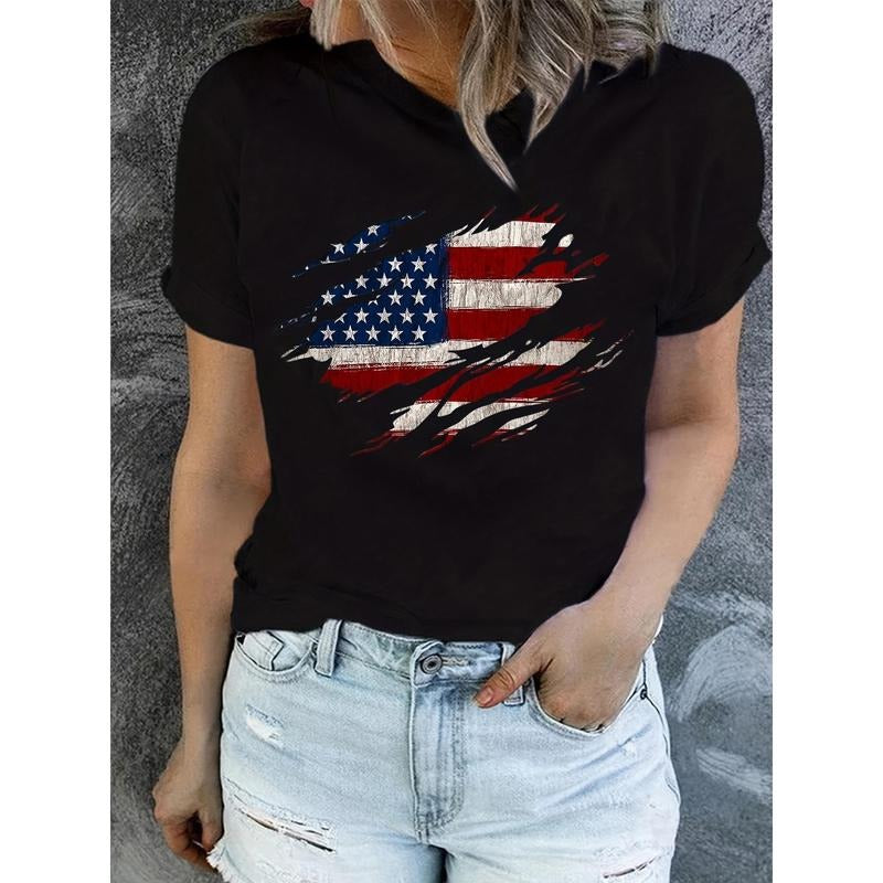 Women's American Flag Print T-Shirt, 100% Crew Neck Short Sleeve Casual Top, All-Season Knit Fabric Tee for Independence...
