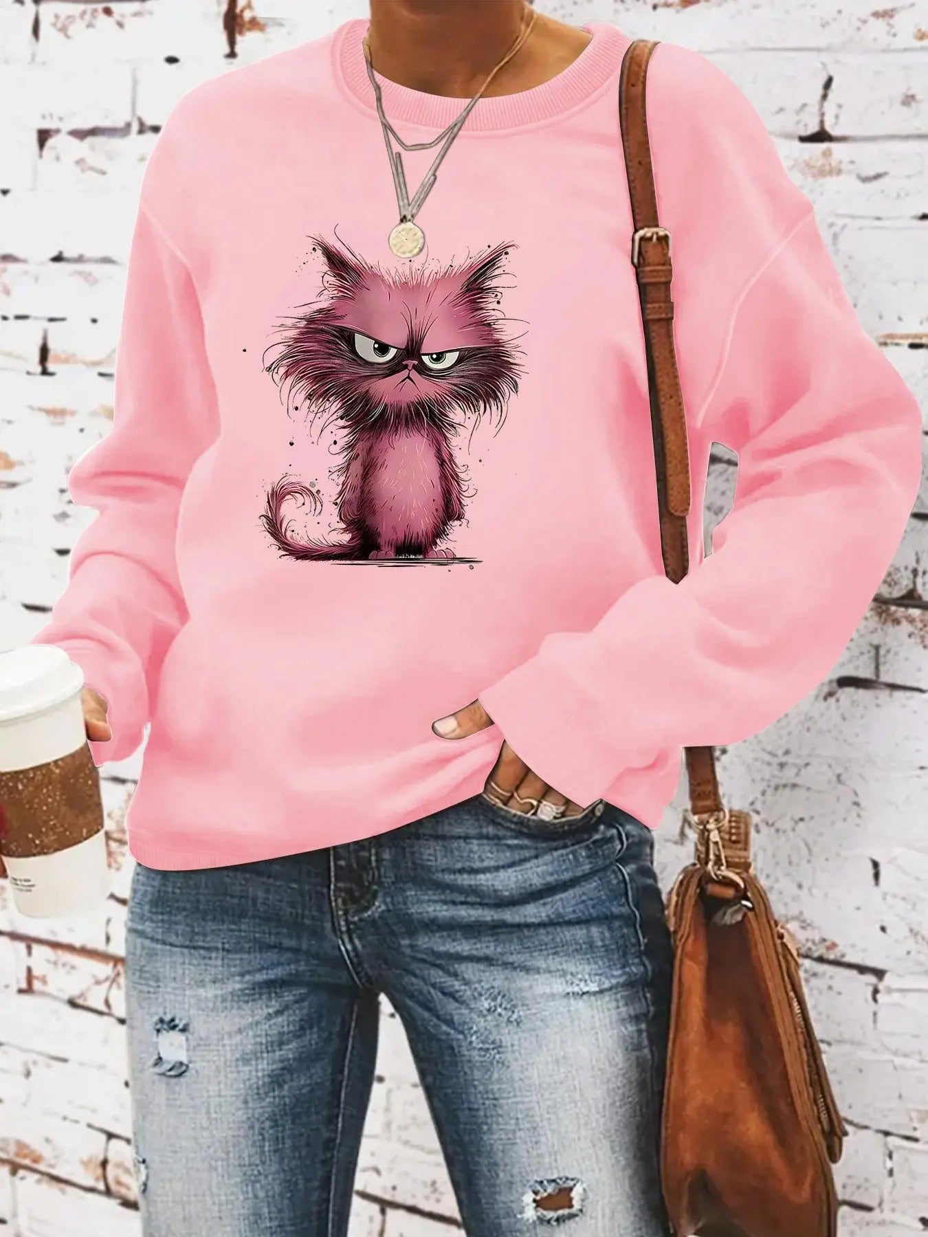 Women's Angry Cat Print Round Neck Pullover, Fashion Casual Crew Neck Sweatshirt for Daily Holiday Outdoor Wear, Women...