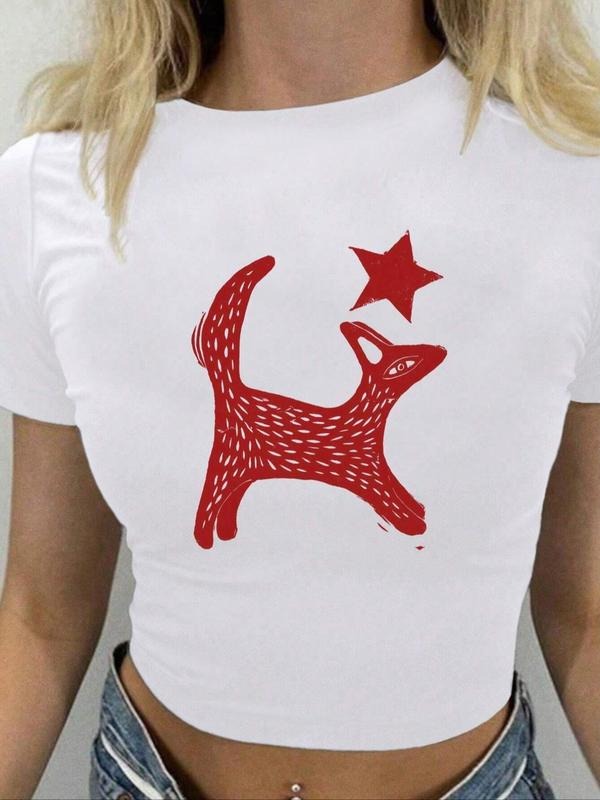 Women's Animal & Star Print Round Neck Crop Tee, Casual Short Sleeve Cropped T-shirt for Daily Wear, Ladies Clothes for...