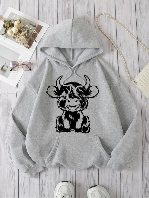 Women's Animal Print Drawstring Pocket Hoodie, Casual Drop Shoulder Long Sleeve Hooded Sweatshirt, Ladies Fall & Winter...
