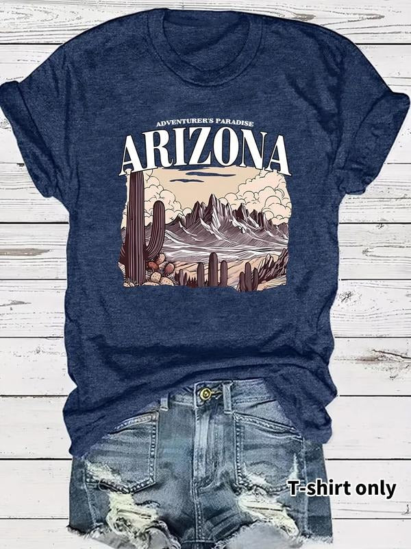 Women's Arizona Desert Print Round Neck Tee, Casual Short Sleeve Crew Neck T-shirt for Summer, Fashion Women's Top for...