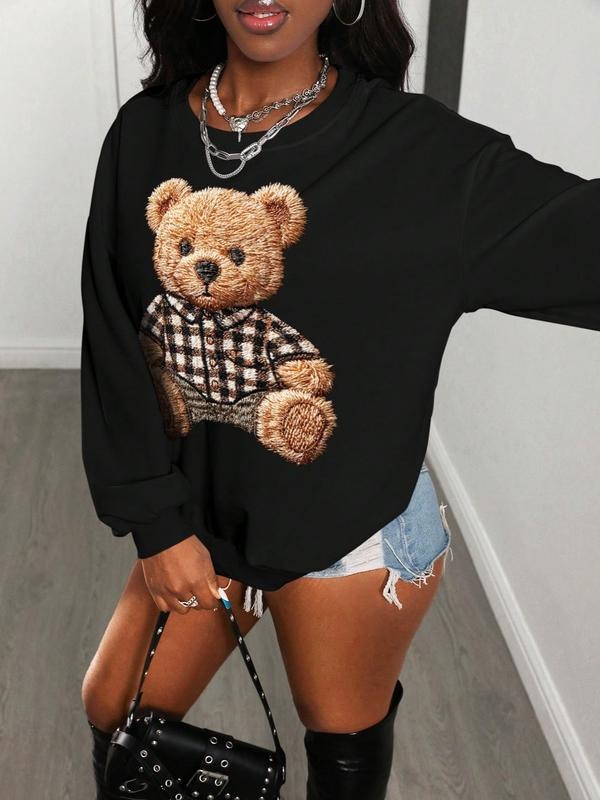 Women's Autumn Winter Casual Loose-Fitting Sweatshirt, Cute Teddy Bear Graphic Round Neck Pullover, Soft Thick Sporty...