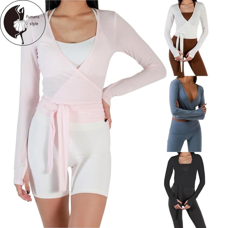 Women's Ballet Wrap Tops Solid Stylish V Neck Long Sleeve Workout T-Shirt for Sports Hoodie, Sweatshirt | HypeDripTees.com