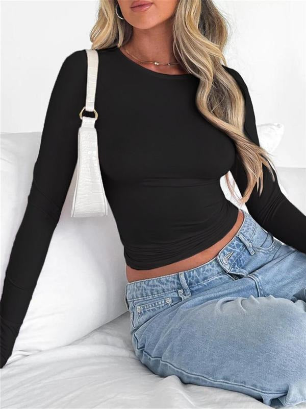 Women's Basic Long Sleeve Round Neck Tee, Casual Solid Crew Neck T-Shirt for Spring & Fall, Women's Top for Daily Wear...