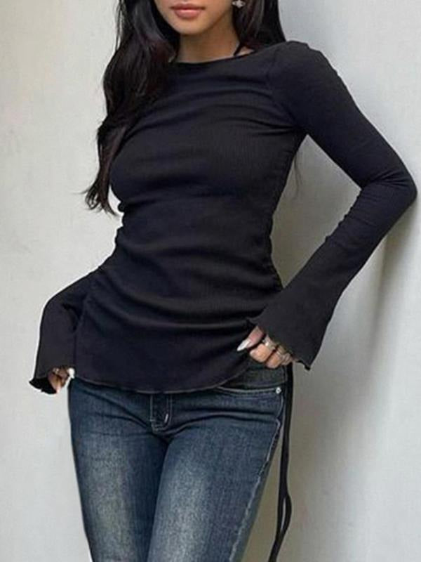 Women's Basic Plain Drawstring Lettuce Trim Boat Neck Long Sleeve Tee, Casual Street Flounce Sleeve T-shirt for Spring &...