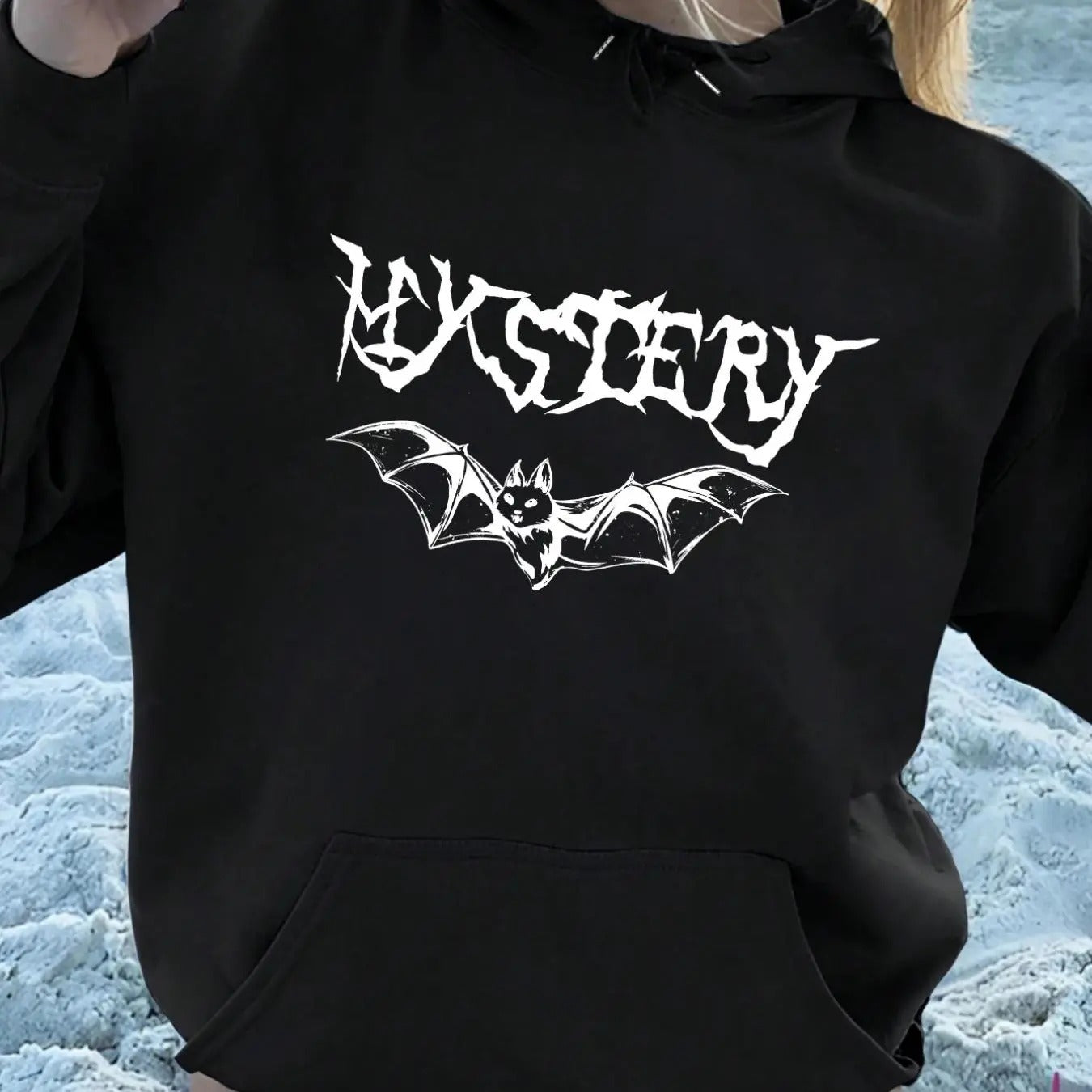 Women's Bat & Letter Print Drop Shoulder Hoodie, Fashion Casual Drawstring Pocket Hooded Sweatshirt for Daily Holiday...