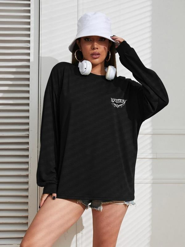 Women's Bat & Letter Print Drop Shoulder Pullover, Fashion Casual Long Sleeve Crew Neck Sweatshirt for Daily Holiday...