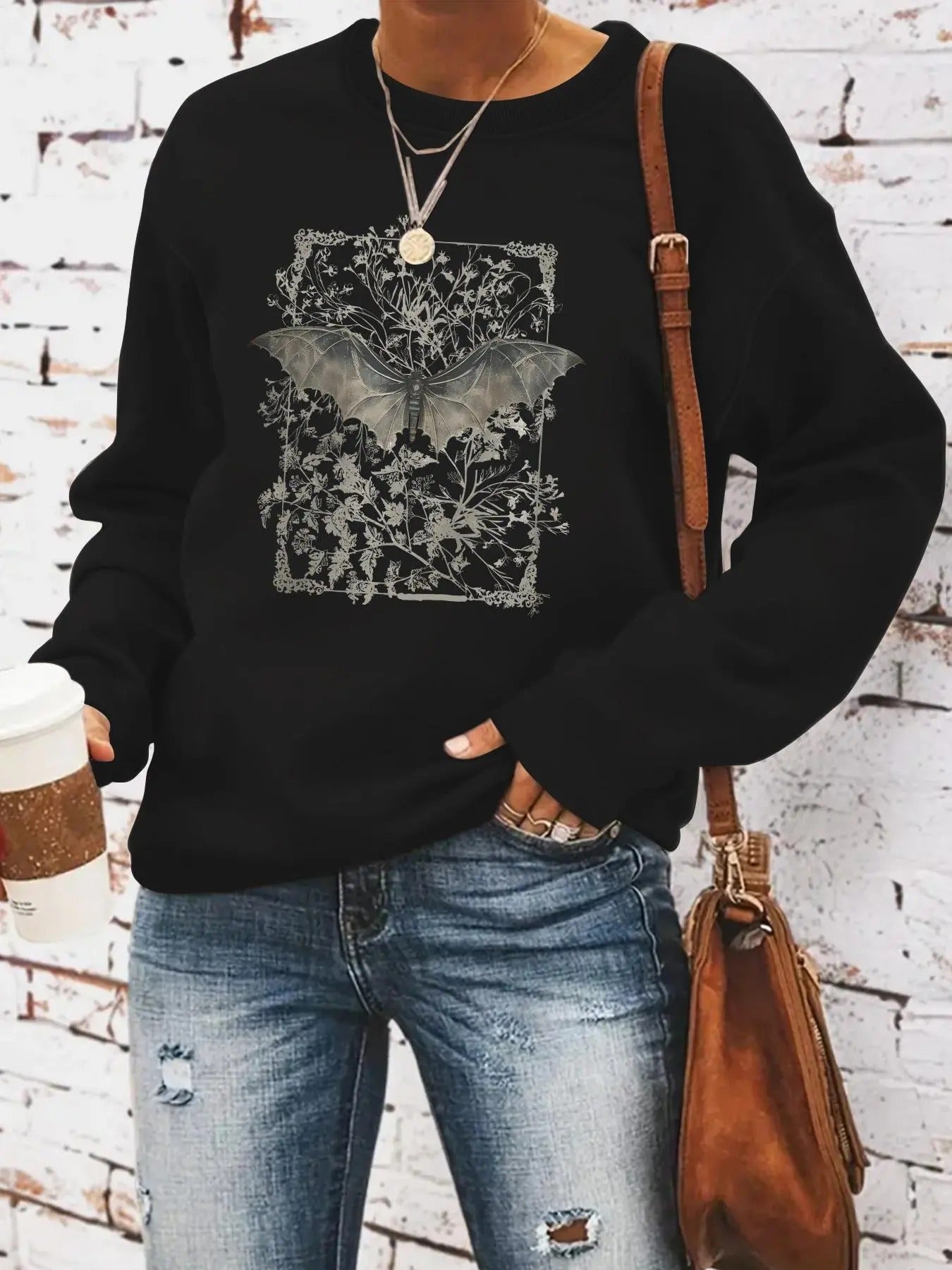 Women's Bat & Plants Print Round Neck Sweatshirt, Casual Long Sleeve Crew Neck Pullover for Spring & Fall, Fashion...