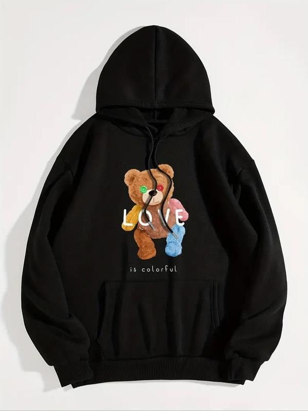 Women's Bear & Letter Print Drawstring Hoodie, Fashion Casual Hooded Sweatshirt for Daily Holiday Outdoor Wear, Women...