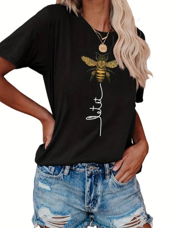 Women's Bee & Letter Print Round Neck Tee, Casual Short Sleeve Crew Neck T-shirt for Summer, Fashion Women's Top for...