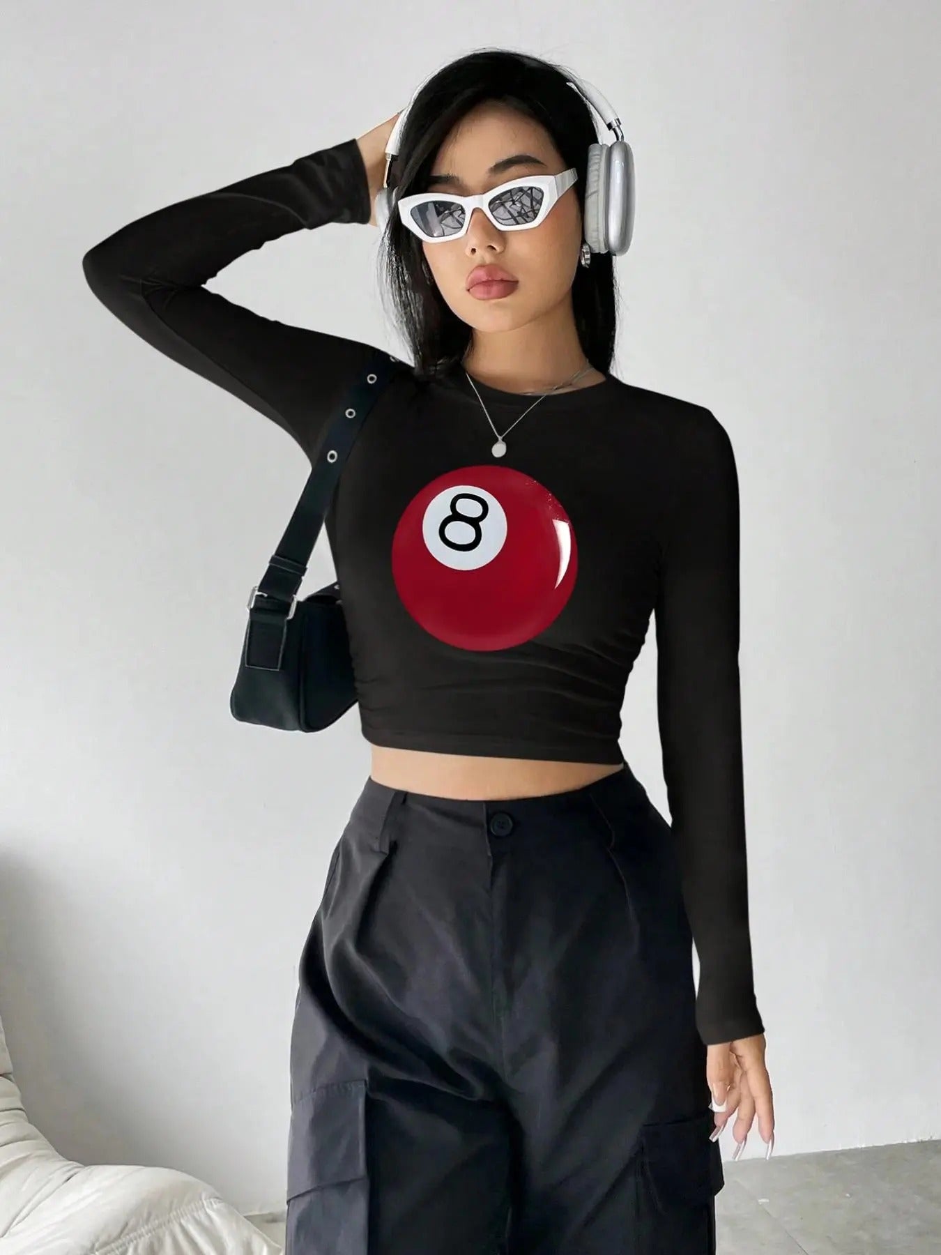 Women's Billiards Print Round Neck Tee, Casual Figure Print Long Sleeve T-shirt for Daily Wear, Ladies All Seasons Tops...