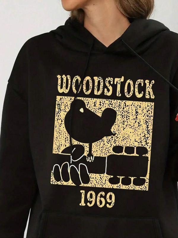 Women's Bird & Letter Print Drop Shoulder Hoodie, Fashion Casual Drawstring Pocket Hooded Sweatshirt for Daily Holiday...