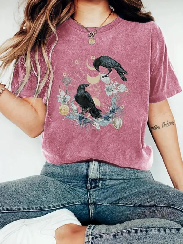 Women's Bird & Moon Print Round Neck Tee, Casual Short Sleeve Crew Neck T-shirt for Summer, Fashion Women's Top for Daily...