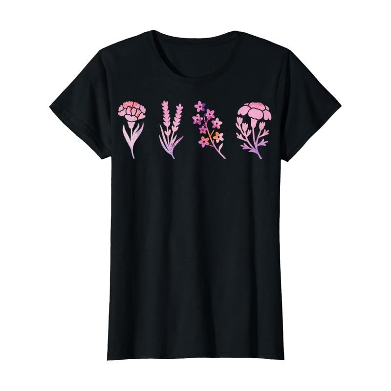Women's Birth Month Carnation Flower Lover Mom T-Shirt - Black Casual Short Sleeve Tee with Vibrant Floral Print, Machine...