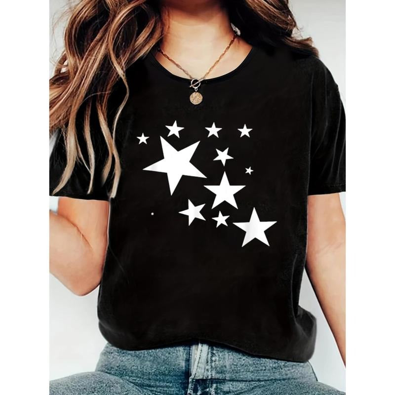 Women's Black T-Shirt with White Stars Print