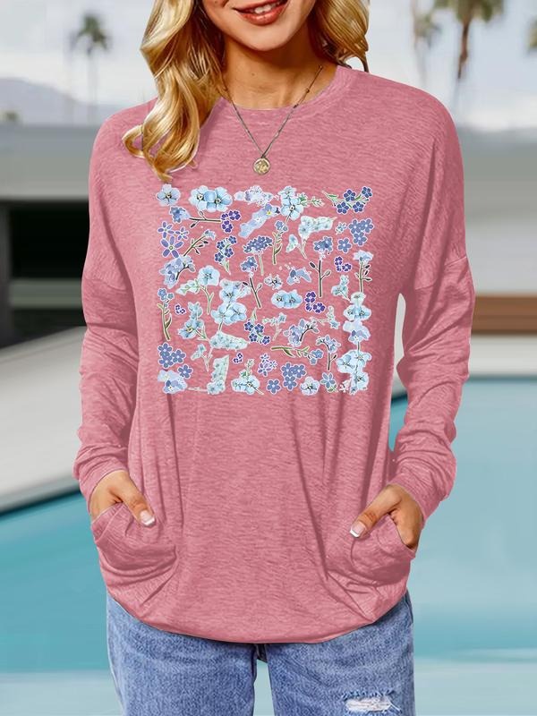 Women's Blue Floral Print Round Neck Long Sleeve Pullover, Casual Loose Fit T-Shirt for Spring & Fall, Comfortable Daily...
