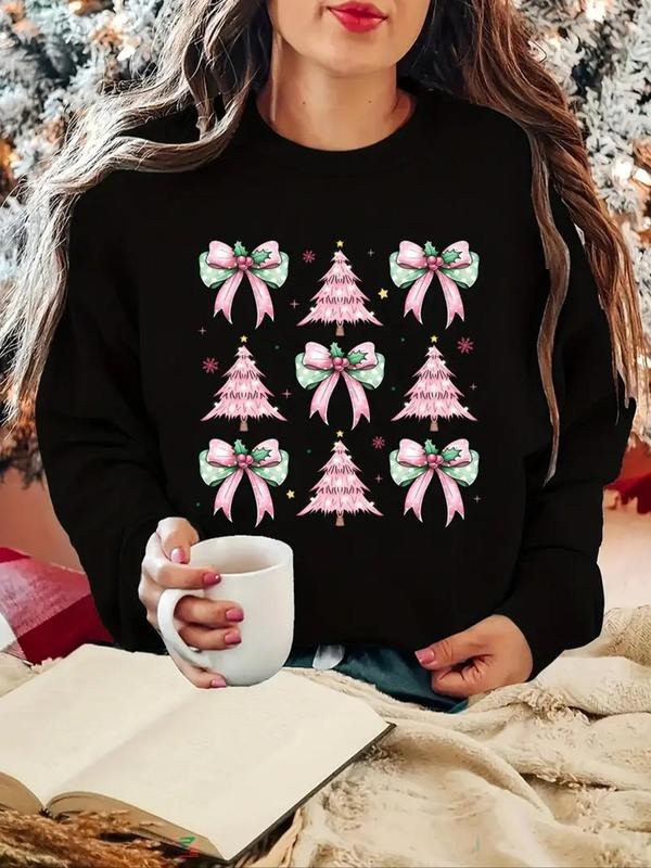 Women's Bow & Christmas Tree Print Crew Neck Sweatshirt, Casual Long Sleeve Pullover for Daily Wear, Ladies Clothes for...