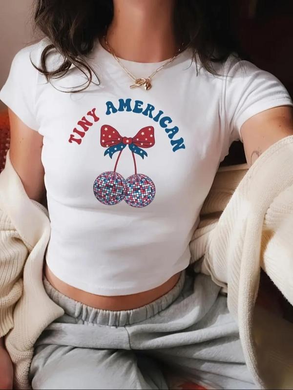 Women's Bow & Disco Ball & Letter Print Round Neck Crop Tee, Y2K Casual Short Sleeve T-Shirt for Daily Wear, Ladies...