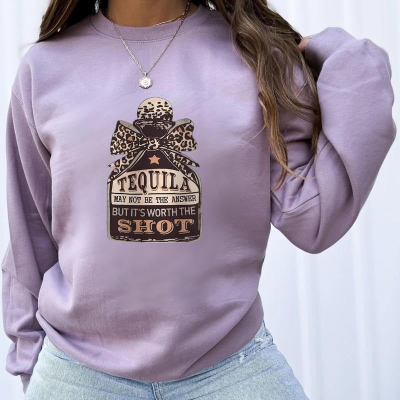 Women's Bow & Tequila Print Drop Shoulder Shirt Sweatshirt Hoodie | HypeDripTees.com