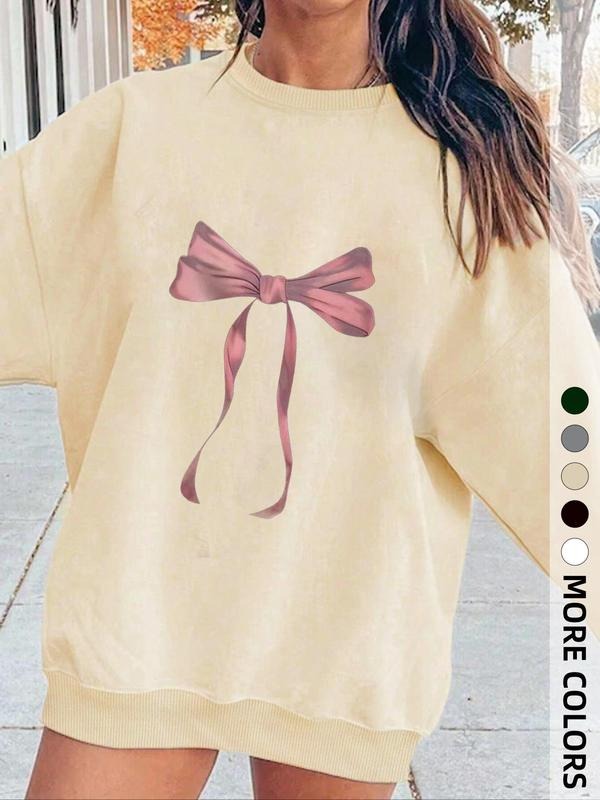 Women's Bow Print Crew Neck Sweatshirt, Casual Long Sleeve Pullover for Fall & Winter, Women's Clothes for Daily Wear,...