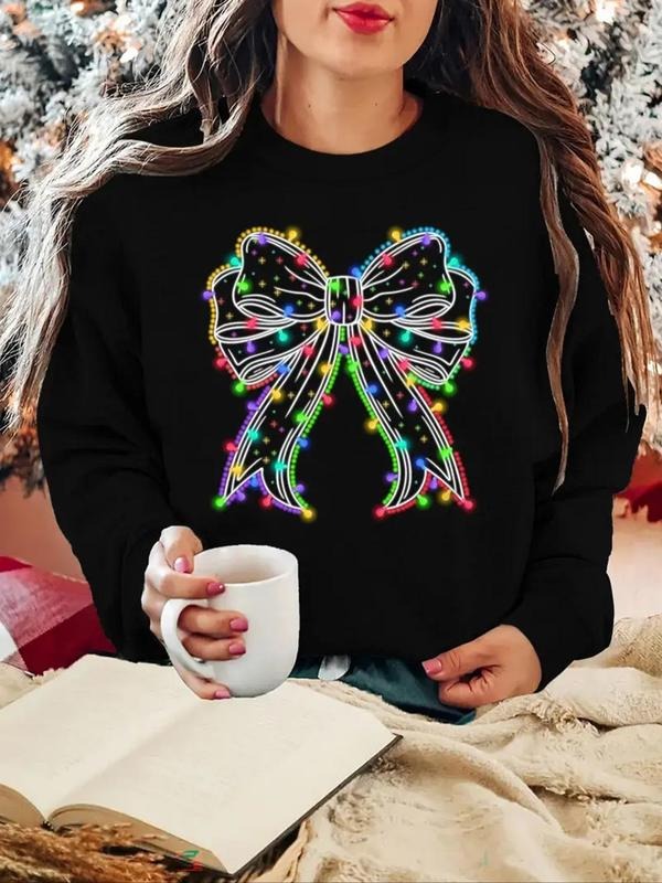 Women's Bow Print Drop Shoulder Pullover, 2024 New Style Casual Long Sleeve Crew Neck Sweatshirt for Fall & Winter,...