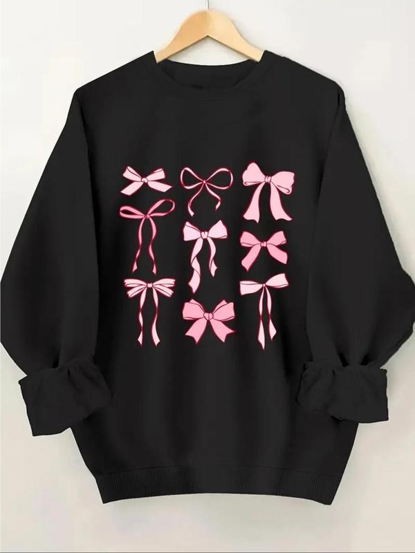 Women's Bow Print Drop Shoulder Sweatshirt, Casual Long Sleeve Round Neck Pullover for Fall & Winter, Women's Clothes for...