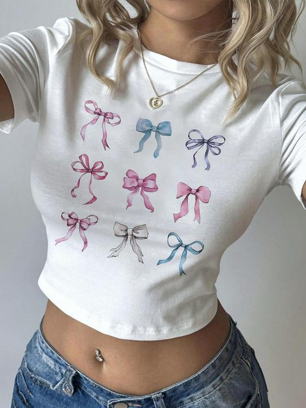 Women's Bow Print Round Neck Crop Tee, Casual Short Sleeve Crew Neck T-shirt for Daily Wear, Ladies Clothes for All...