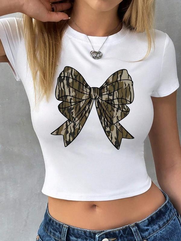Women's Bow Print Round Neck Crop Tee, Casual Short Sleeve Crew Neck T-shirt for Summer, Fashion Women's Top for Daily...